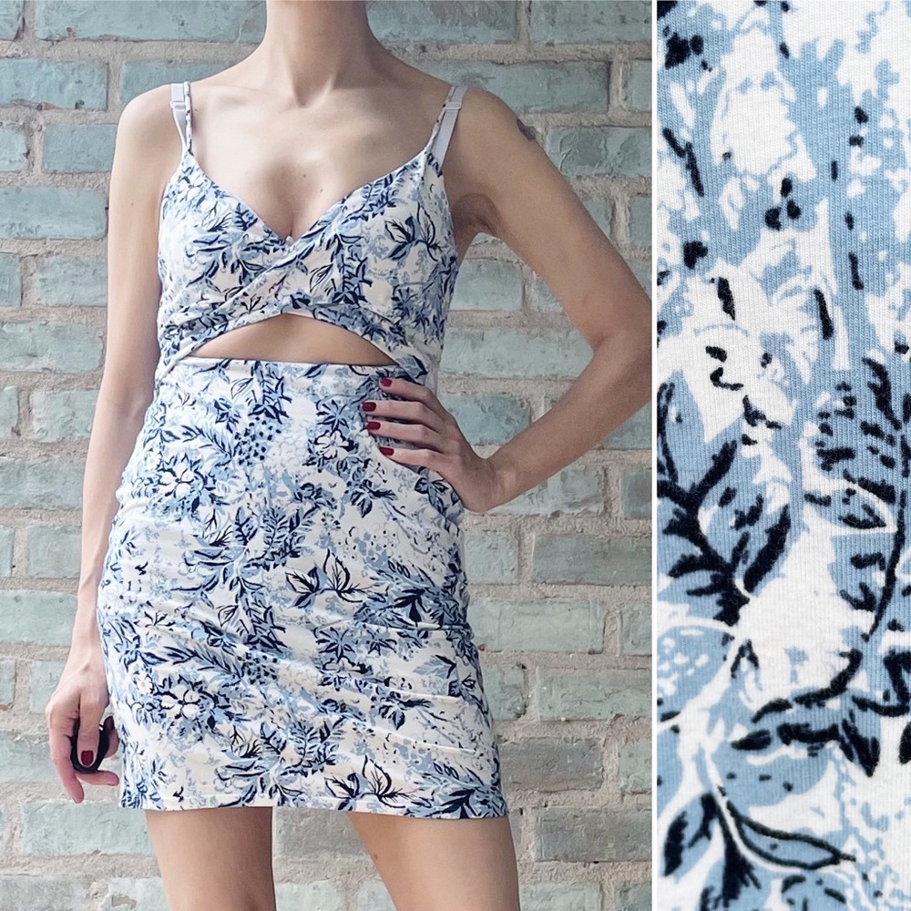 Free People Dress Intimately White Blue Floral Stretch Bodycon Cutout Mini